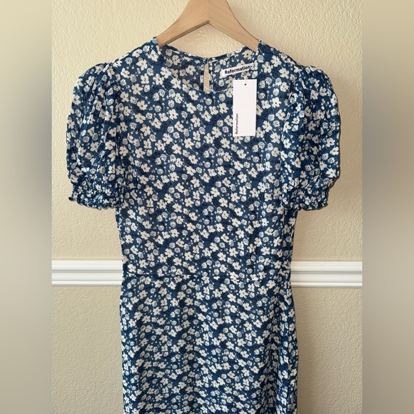 NEW WITH TAGS Reformation Lee Raquel Blue Floral Puff Sleeve Midi Dress Size 6 - Picture 8 of 16